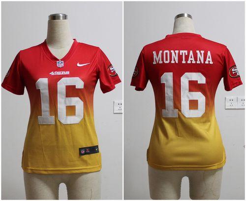 49ers #16 Joe Montana Red/Gold Women's Stitched Elite Fadeaway Fashion Jersey cheap jerseys for sale - CheapJerseys.Shop