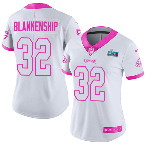 Eagles #32 Reed Blankenship White/Pink Super Bowl LVII Patch Women's Stitched Limited Rush Fashion Jersey cheap jerseys for sale - CheapJerseys.Shop