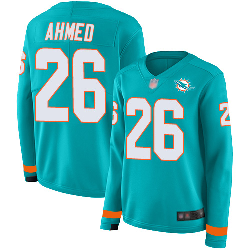 Miami Dolphins #26 Salvon Ahmed Aqua Green Team Color Women's Stitched Limited Therma Long Sleeve Jersey Womens cheap jerseys for sale - CheapJerseys.Shop