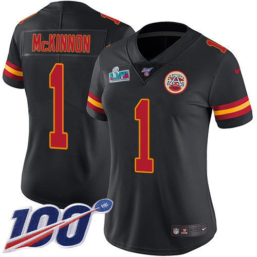 Chiefs #1 Jerick McKinnon Black Super Bowl LVII Patch Women's Stitched Limited Rush 100th Season Jersey cheap jerseys for sale - CheapJerseys.Shop