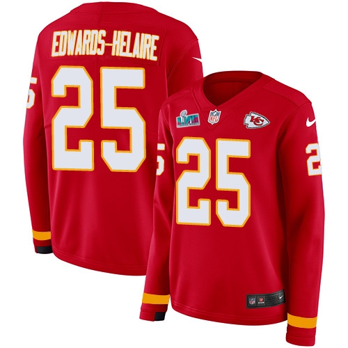 Chiefs #25 Clyde Edwards-Helaire Red Team Color Super Bowl LVII Patch Women's Stitched Limited Therma Long Sleeve Jersey cheap jerseys for sale - CheapJerseys.Shop