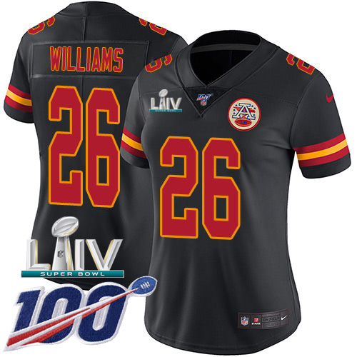 Kansas City Chiefs #26 Damien Williams Black Super Bowl LIV 2020 Women's Stitched Limited Rush 100th Season Jersey Womens cheap jerseys for sale - CheapJerseys.Shop