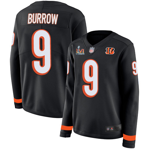 Bengals #9 Joe Burrow Black Team Color Super Bowl LVI Patch Women's Stitched Limited Therma Long Sleeve Jersey cheap jerseys for sale - CheapJerseys.Shop
