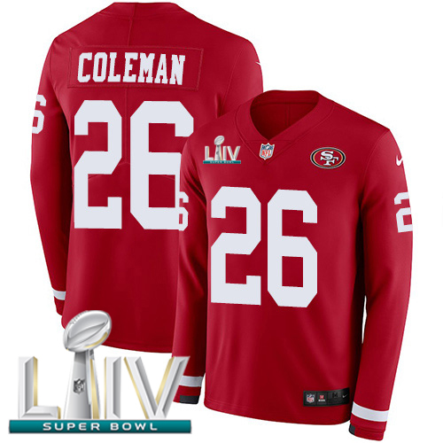 San Francisco 49ers #26 Tevin Coleman Red Super Bowl LIV 2020 Team Color Youth Stitched Limited Therma Long Sleeve Jersey Youth cheap jerseys for sale - CheapJerseys.Shop
