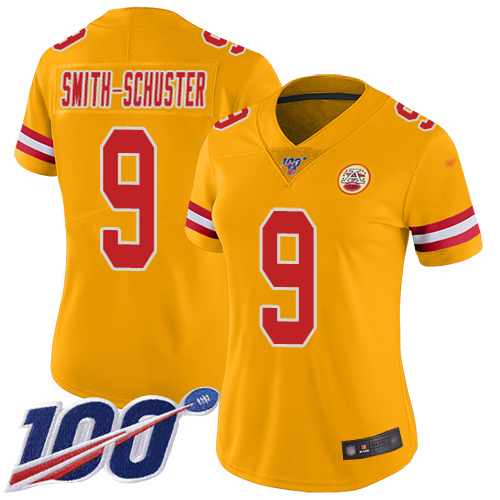 Chiefs #9 JuJu Smith-Schuster Gold Women's Stitched Limited Inverted Legend 100th Season Jersey cheap jerseys for sale - CheapJerseys.Shop
