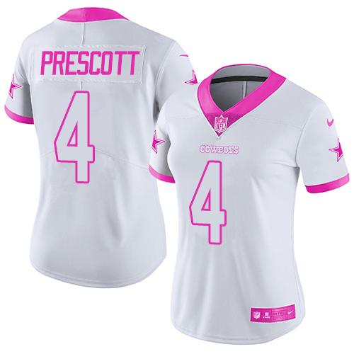 Cowboys #4 Dak Prescott White/Pink Women's Stitched Limited Rush Fashion Jersey cheap jerseys for sale - CheapJerseys.Shop
