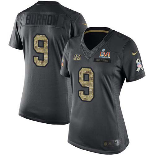 Bengals #9 Joe Burrow Black Super Bowl LVI Patch Women's Stitched Limited 2016 Salute To Service Jersey cheap jerseys for sale - CheapJerseys.Shop