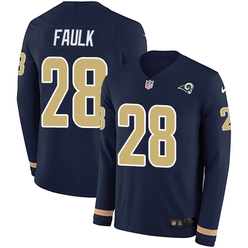 Los Angeles Rams #28 Marshall Faulk Navy Blue Team Color Men's Stitched Limited Therma Long Sleeve Jersey Men's cheap jerseys for sale - CheapJerseys.Shop
