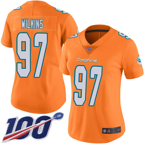 Miami Dolphins #97 Christian Wilkins Orange Women's Stitched Limited Rush 100th Season Jersey Womens cheap jerseys for sale - CheapJerseys.Shop