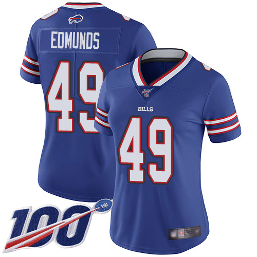 Bills #49 Tremaine Edmunds Royal Blue Team Color Women's Stitched 100th Season Vapor Limited Jersey cheap jerseys for sale - CheapJerseys.Shop