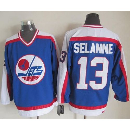 Winnipeg Jets #13 Teemu Selanne Blue/White CCM Throwback Stitched Jersey Men's cheap jerseys for sale - CheapJerseys.Shop