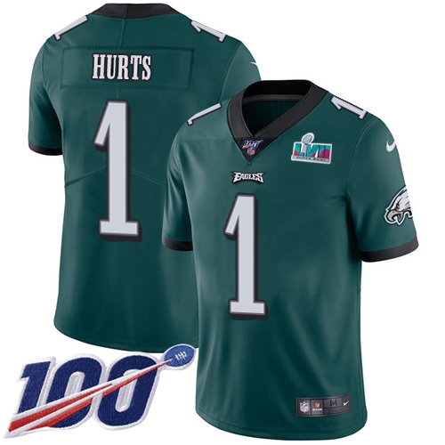 Eagles #1 Jalen Hurts Green Team Color Super Bowl LVII Patch Men's Stitched 100th Season Vapor Limited Jersey cheap jerseys for sale - CheapJerseys.Shop
