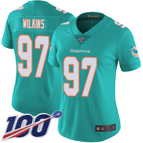 Miami Dolphins #97 Christian Wilkins Aqua Green Team Color Women's Stitched 100th Season Vapor Limited Jersey Womens cheap jerseys for sale - CheapJerseys.Shop