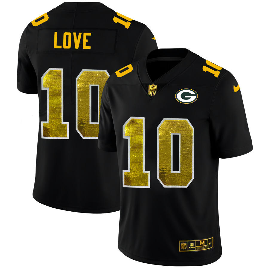 Green Bay Packers #10 Jordan Love Men's Black Golden Sequin Vapor Limited Jersey cheap jerseys for sale - CheapJerseys.Shop
