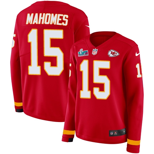 Chiefs #15 Patrick Mahomes Red Team Color Super Bowl LVII Patch Women's Stitched Limited Therma Long Sleeve Jersey cheap jerseys for sale - CheapJerseys.Shop