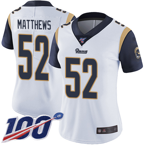 Los Angeles Rams #52 Clay Matthews White Women's Stitched 100th Season Vapor Limited Jersey Womens cheap jerseys for sale - CheapJerseys.Shop