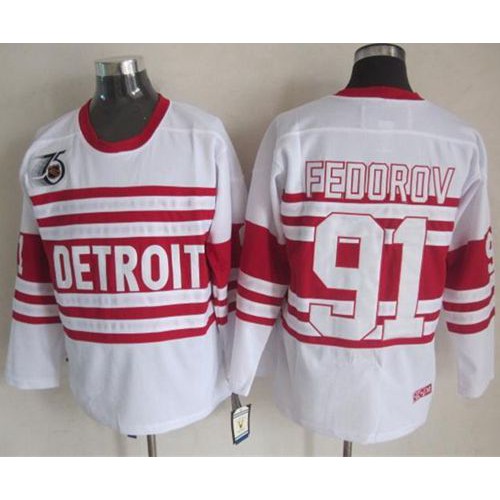 Detroit Red Wings #91 Sergei Fedorov White 75TH CCM Stitched Jersey Men's cheap jerseys for sale - CheapJerseys.Shop