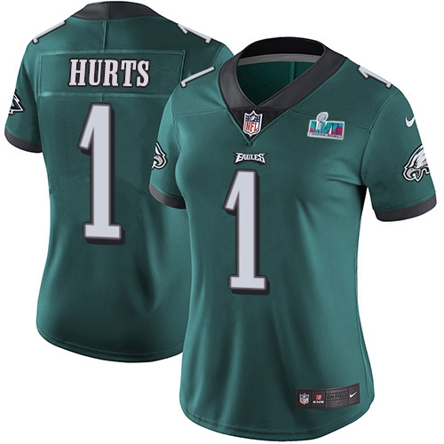 Eagles #1 Jalen Hurts Green Team Color Super Bowl LVII Patch Women's Stitched Vapor Untouchable Limited Jersey cheap jerseys for sale - CheapJerseys.Shop