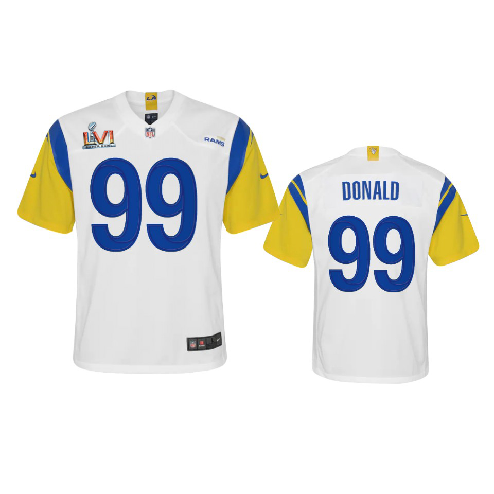 Los Angeles Rams #99 Aaron Donald Youth Super Bowl LVI Patch Alternate Game Jersey - White cheap jerseys for sale - CheapJerseys.Shop