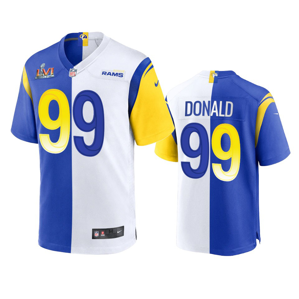 Los Angeles Rams #99 Aaron Donald Men's Super Bowl LVI Patch Royal White Split Game Limited Jersey cheap jerseys for sale - CheapJerseys.Shop