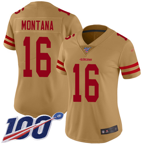 49ers #16 Joe Montana Gold Women's Stitched Limited Inverted Legend 100th Season Jersey cheap jerseys for sale - CheapJerseys.Shop