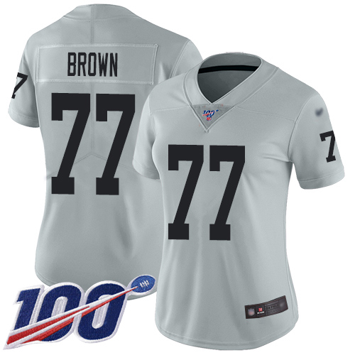 Las Vegas Raiders #77 Trent Brown Silver Women's Stitched Limited Inverted Legend 100th Season Jersey Womens cheap jerseys for sale - CheapJerseys.Shop