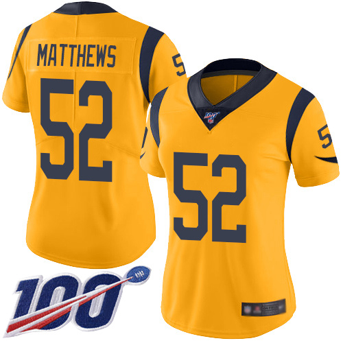 Los Angeles Rams #52 Clay Matthews Gold Women's Stitched Limited Rush 100th Season Jersey Womens cheap jerseys for sale - CheapJerseys.Shop