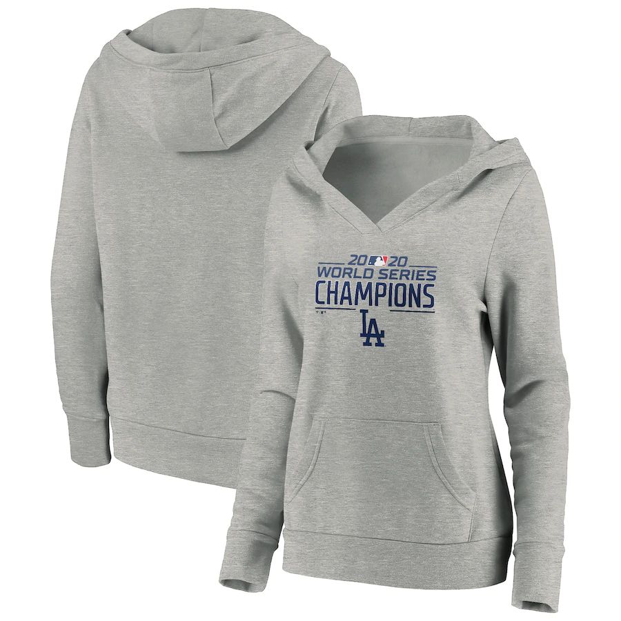 Los Angeles Dodgers Women's 2020 World Series Champions Logo Crossover Neck Pullover Hoodie Heather Gray cheap jerseys for sale - CheapJerseys.Shop