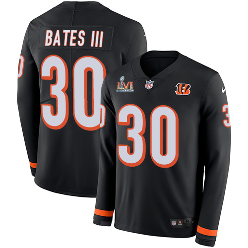 Bengals #30 Jessie Bates III Black Team Color Super Bowl LVI Patch Men's Stitched Limited Therma Long Sleeve Jersey cheap jerseys for sale - CheapJerseys.Shop