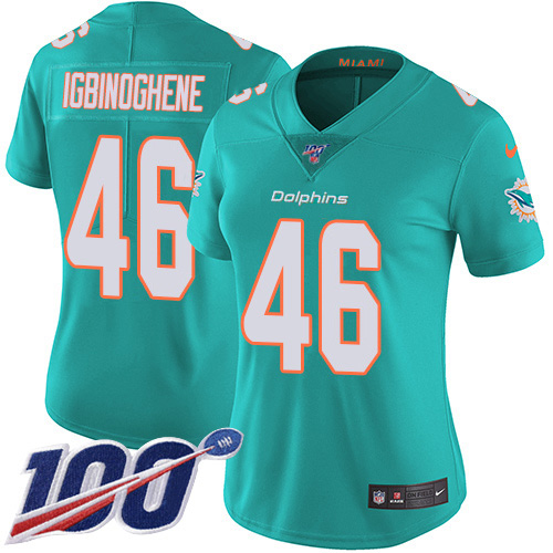 Miami Dolphins #46 Noah Igbinoghene Aqua Green Team Color Women's Stitched 100th Season Vapor Untouchable Limited Jersey Womens cheap jerseys for sale - CheapJerseys.Shop