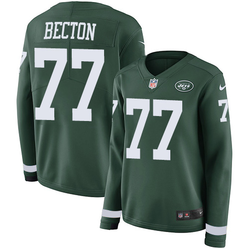 New York Jets #77 Mekhi Becton Green Team Color Women's Stitched Limited Therma Long Sleeve Jersey Womens cheap jerseys for sale - CheapJerseys.Shop
