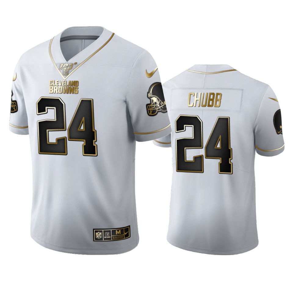 Cleveland Browns #24 Nick Chubb Men's White Golden Edition Vapor Limited 100 Jersey cheap jerseys for sale - CheapJerseys.Shop