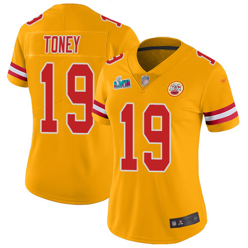 Chiefs #19 Kadarius Toney Gold Super Bowl LVII Patch Women's Stitched Limited Inverted Legend Jersey cheap jerseys for sale - CheapJerseys.Shop