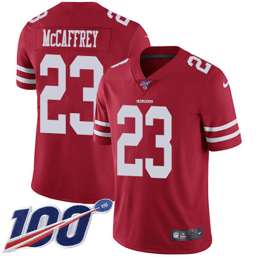 49ers #23 Christian McCaffrey Red Team Color Men's Stitched 100th Season Vapor Limited Jersey cheap jerseys for sale - CheapJerseys.Shop