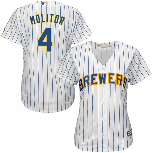 Milwaukee Brewers #4 Paul Molitor White Strip Home Women's Stitched Jersey Womens cheap jerseys for sale - CheapJerseys.Shop