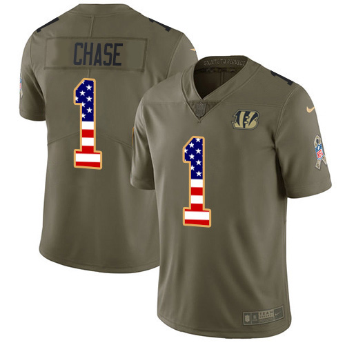 Bengals #1 Ja'Marr Chase Olive/USA Flag Men's Stitched Limited 2017 Salute To Service Jersey cheap jerseys for sale - CheapJerseys.Shop