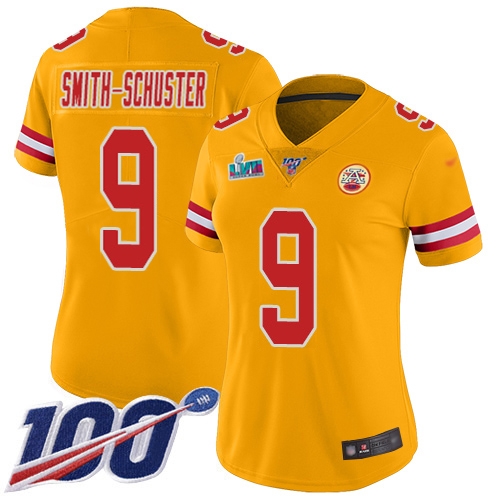 Chiefs #9 JuJu Smith-Schuster Gold Super Bowl LVII Patch Women's Stitched Limited Inverted Legend 100th Season Jersey cheap jerseys for sale - CheapJerseys.Shop