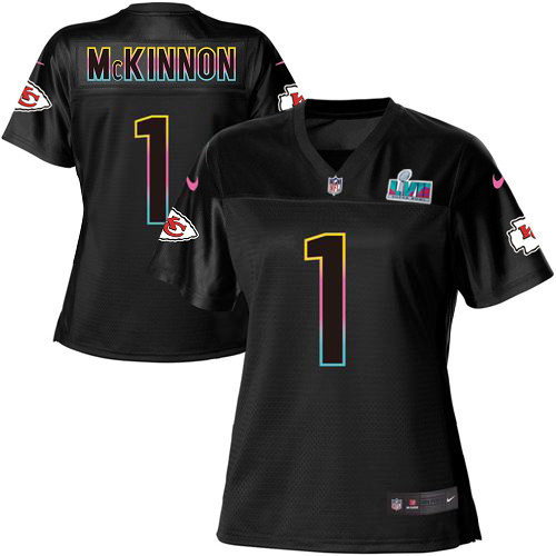 Chiefs #1 Jerick McKinnon Black Super Bowl LVII Patch Women's Fashion Game Jersey cheap jerseys for sale - CheapJerseys.Shop
