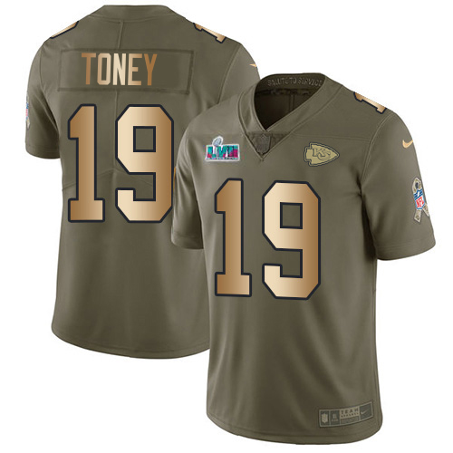 Chiefs #19 Kadarius Toney Olive/Gold Super Bowl LVII Patch Youth Stitched Limited 2017 Salute To Service Jersey cheap jerseys for sale - CheapJerseys.Shop