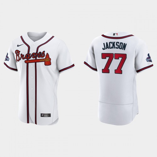 Atlanta Atlanta Braves #77 Luke Jackson Men's 2021 World Series Champions Patch Authentic Player Jersey - White Men's cheap jerseys for sale - CheapJerseys.Shop
