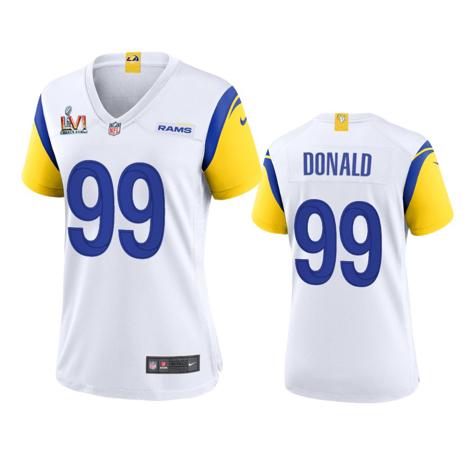 Los Angeles Rams #99 Aaron Donald Women's Super Bowl LVI Patch Alternate Game Jersey - White cheap jerseys for sale - CheapJerseys.Shop