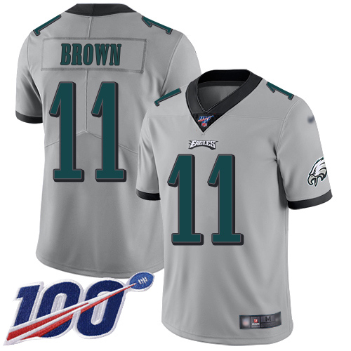 Eagles #11 A.J. Brown Silver Men's Stitched Limited Inverted Legend 100th Season Jersey cheap jerseys for sale - CheapJerseys.Shop