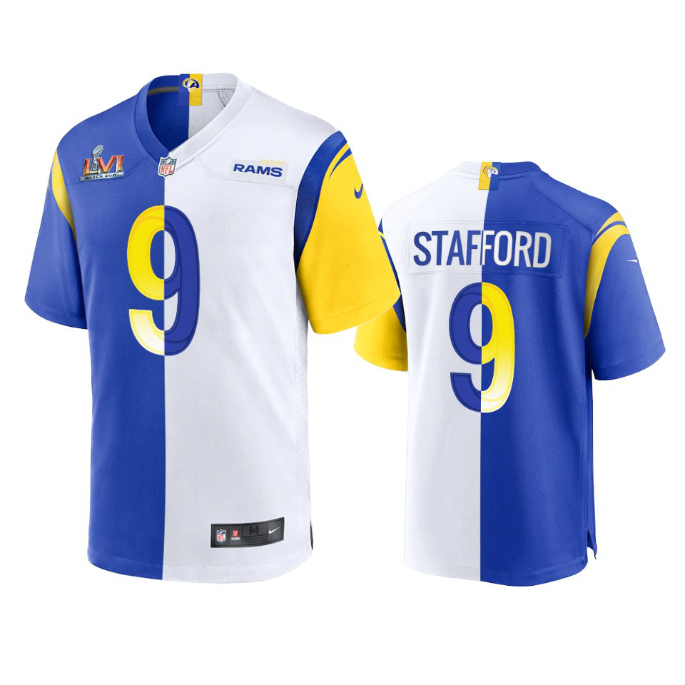Los Angeles Rams #9 Matthew Stafford Men's Super Bowl LVI Patch Royal White Split Game Limited Jersey cheap jerseys for sale - CheapJerseys.Shop