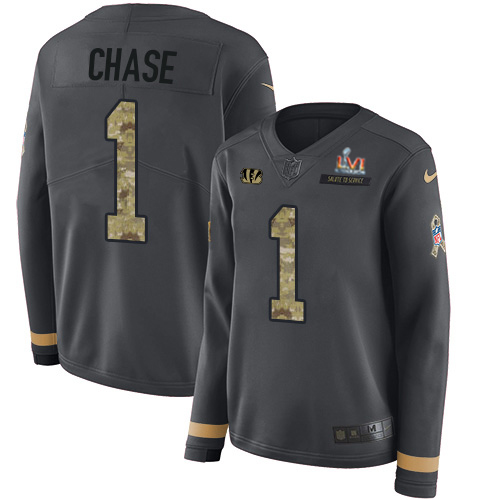 Bengals #1 Ja'Marr Chase Anthracite Super Bowl LVI Patch Salute To Service Women's Stitched Limited Therma Long Sleeve Jersey cheap jerseys for sale - CheapJerseys.Shop