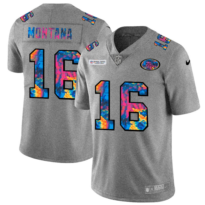 San Francisco 49ers #16 Joe Montana Men's Multi-Color 2020 Crucial Catch Jersey Greyheather cheap jerseys for sale - CheapJerseys.Shop