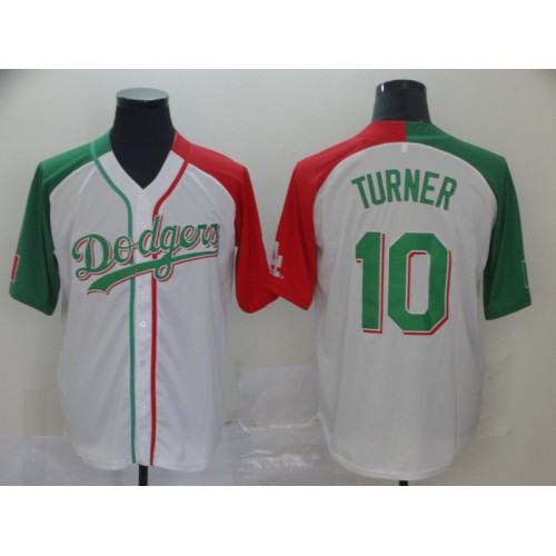 Los Angeles Dodgers #10 Justin Turner White Red/Green Split Cool Base Stitched Jersey Men's cheap jerseys for sale - CheapJerseys.Shop
