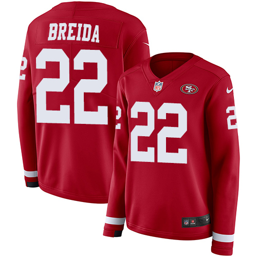 San Francisco 49ers #22 Matt Breida Red Team Color Women's Stitched Limited Therma Long Sleeve Jersey Womens cheap jerseys for sale - CheapJerseys.Shop