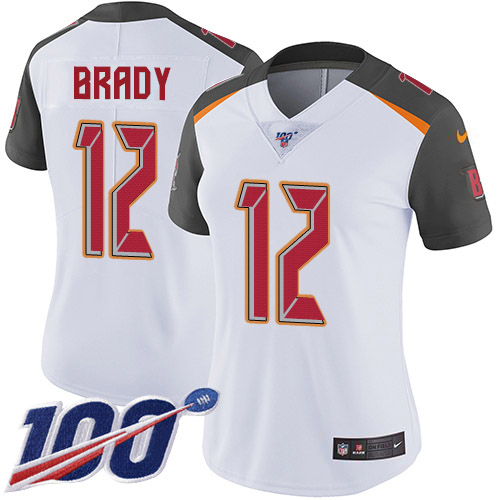 Buccaneers #12 Tom Brady White Women's Stitched 100th Season Vapor Untouchable Limited Jersey cheap jerseys for sale - CheapJerseys.Shop
