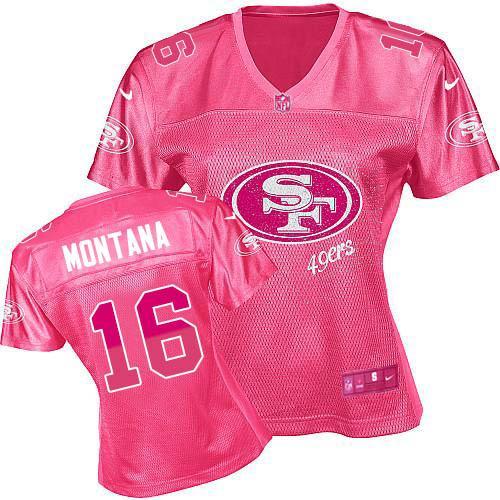 49ers #16 Joe Montana Pink Women's Fem Fan Game Jersey cheap jerseys for sale - CheapJerseys.Shop