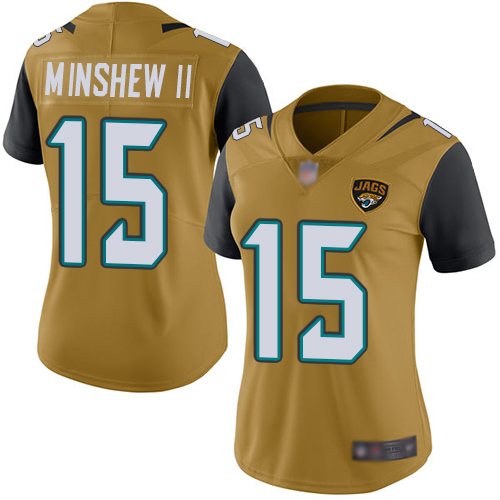 Jacksonville Jaguars #15 Gardner Minshew II Gold Women's Stitched Limited Rush Jersey Womens cheap jerseys for sale - CheapJerseys.Shop